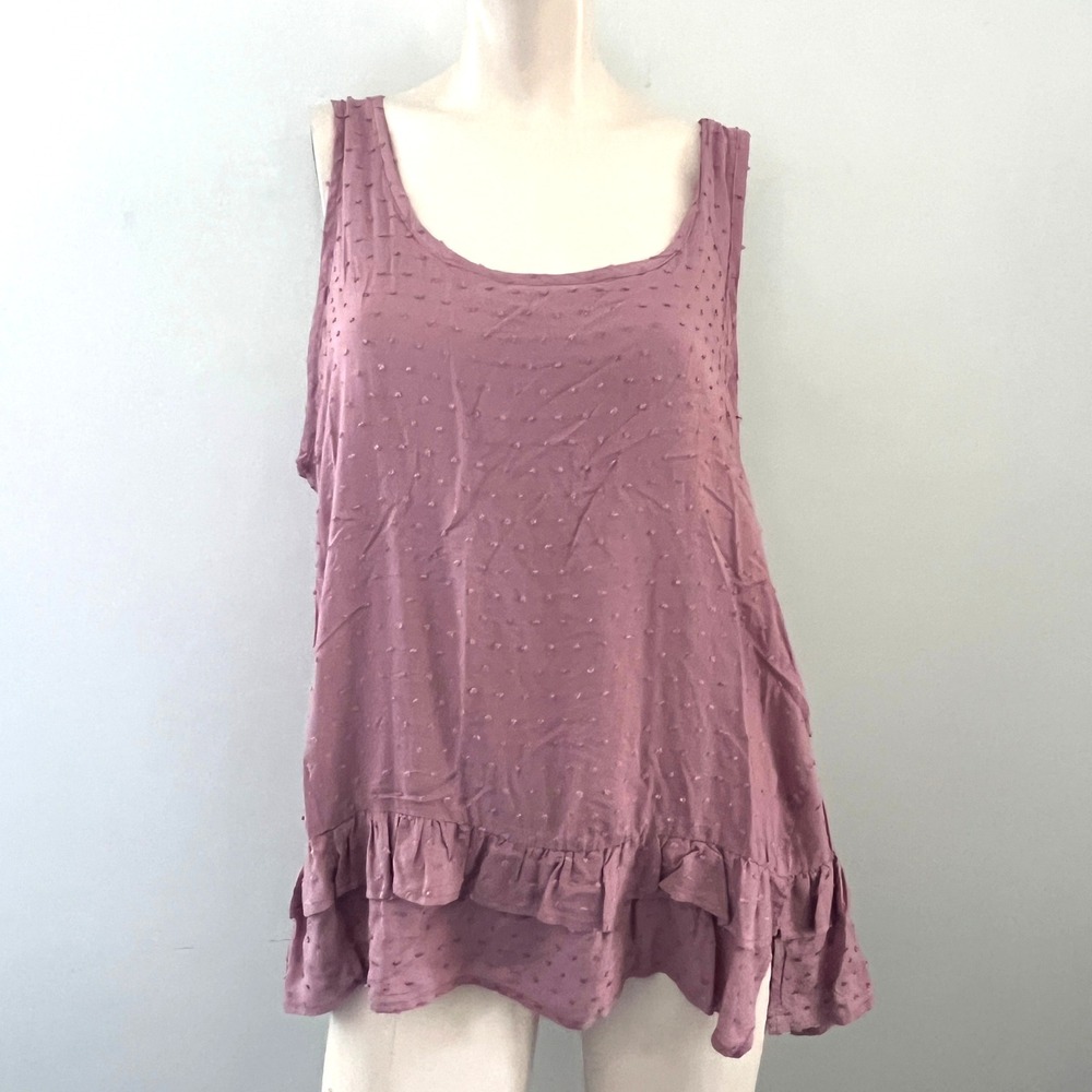 Democracy Swiss Dot Tank Top Womens Size 1X Mauve Boho Ruffle Hem Rayon Blouse - Picture 2 of 13